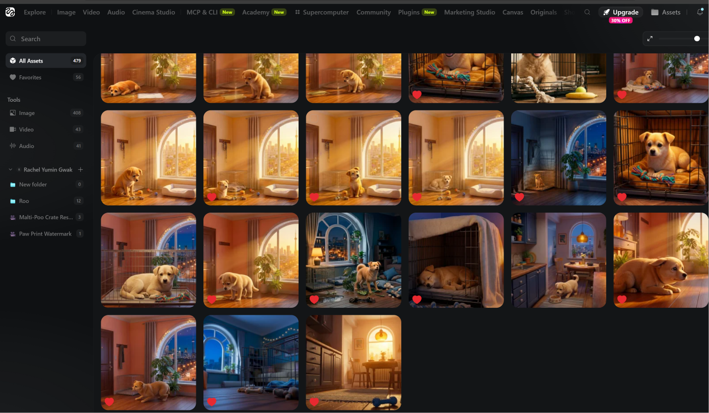 A section of the AI-generated asset gallery: adopted dogs resting in warm, lamplit rooms and open crates, produced for First72Hours learning content.